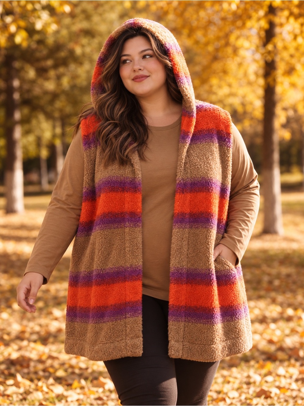 Koolaburra Hooded Sherpa Cardigan in Brown with Orange & Purple Stripes